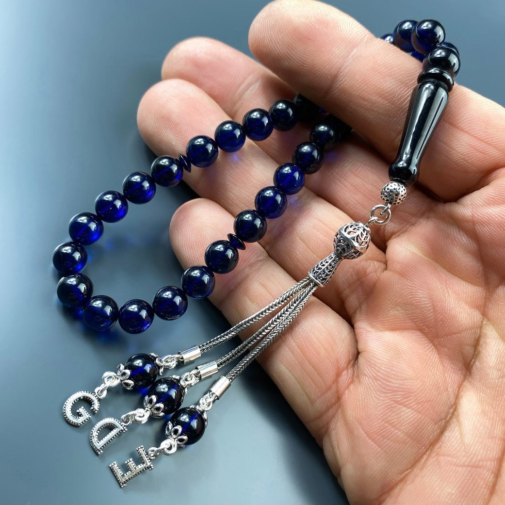 Kehribar Tesbih Blau 3 Buchstaben 925 Silber Püskül