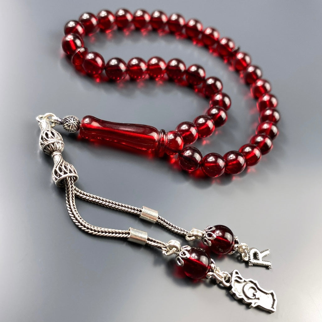 Kehribar Tesbih Rot 1 Buchstaben Vatan Logo 925 Silber Püskül