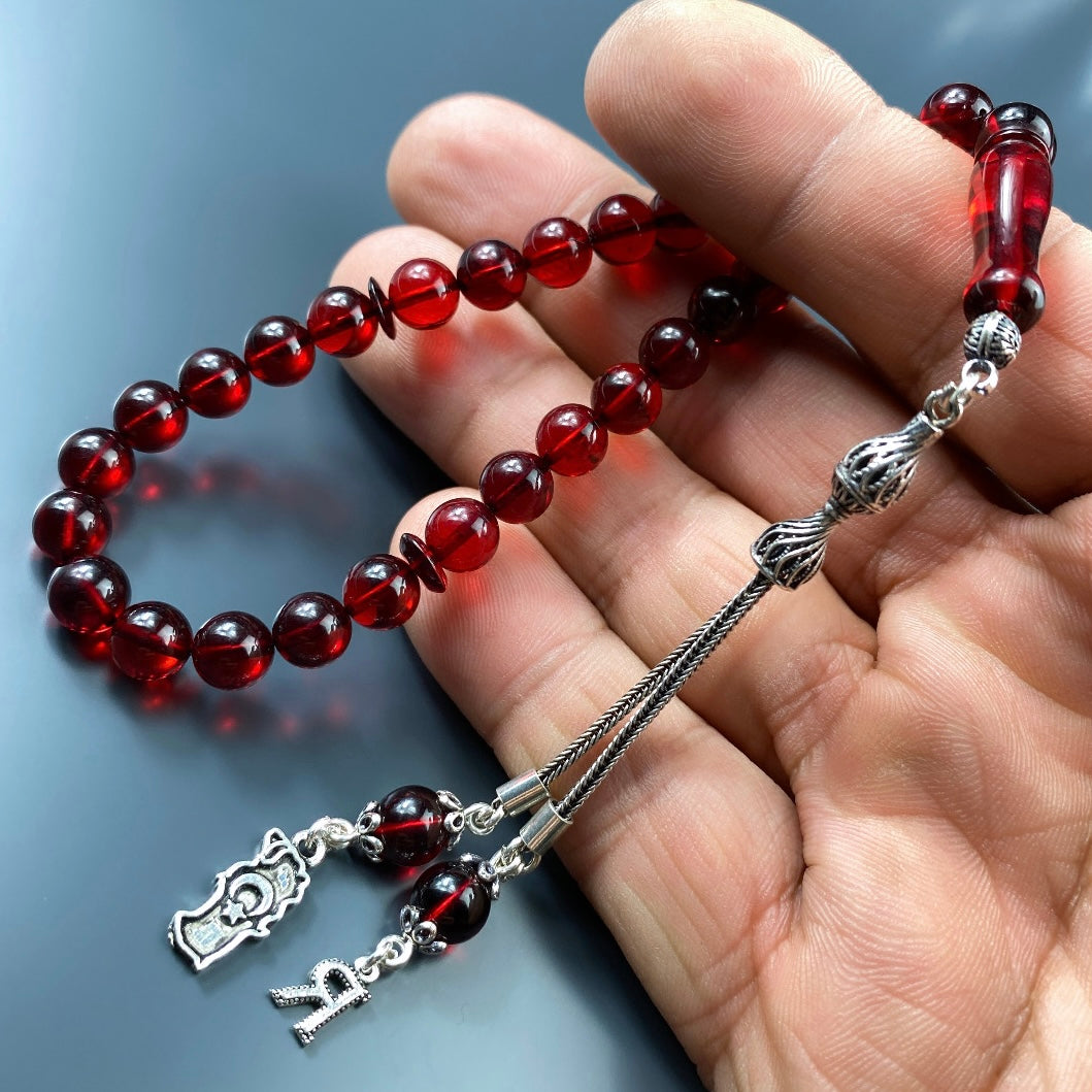 Kehribar Tesbih Rot 1 Buchstaben Vatan Logo 925 Silber Püskül