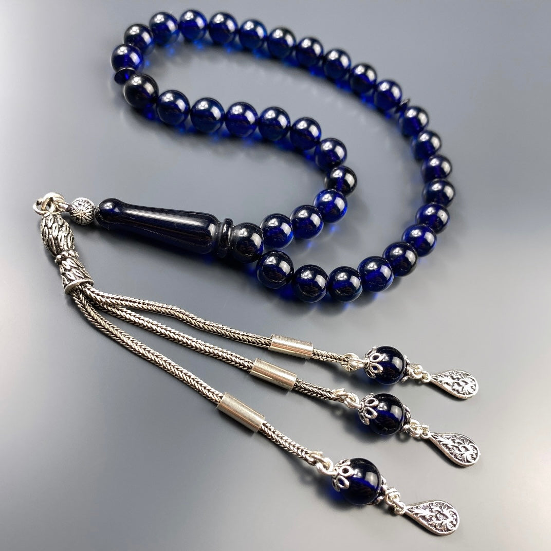 Kehribar Tesbih Blau Farbe Basic Logo 925 Silber