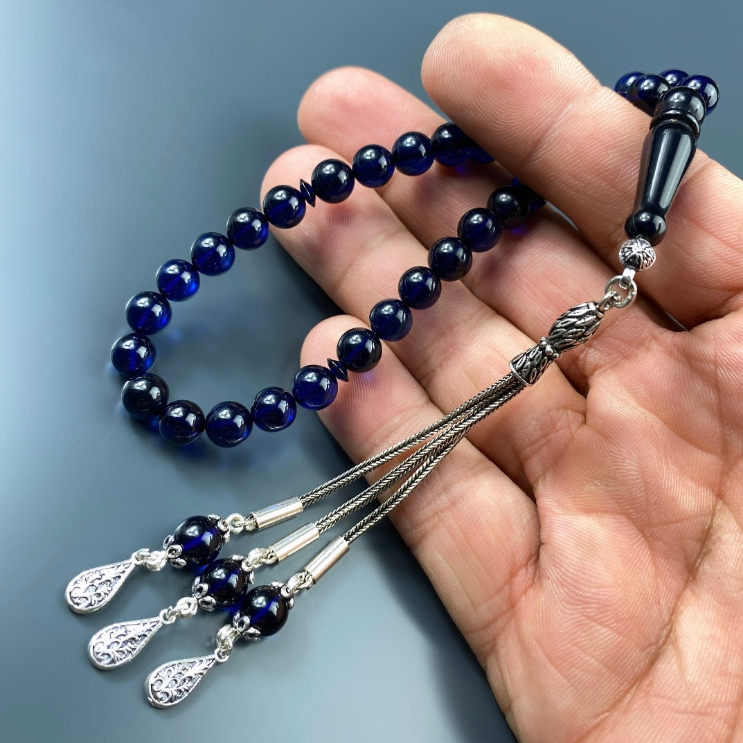 Kehribar Tesbih Blau Farbe Basic Logo 925 Silber