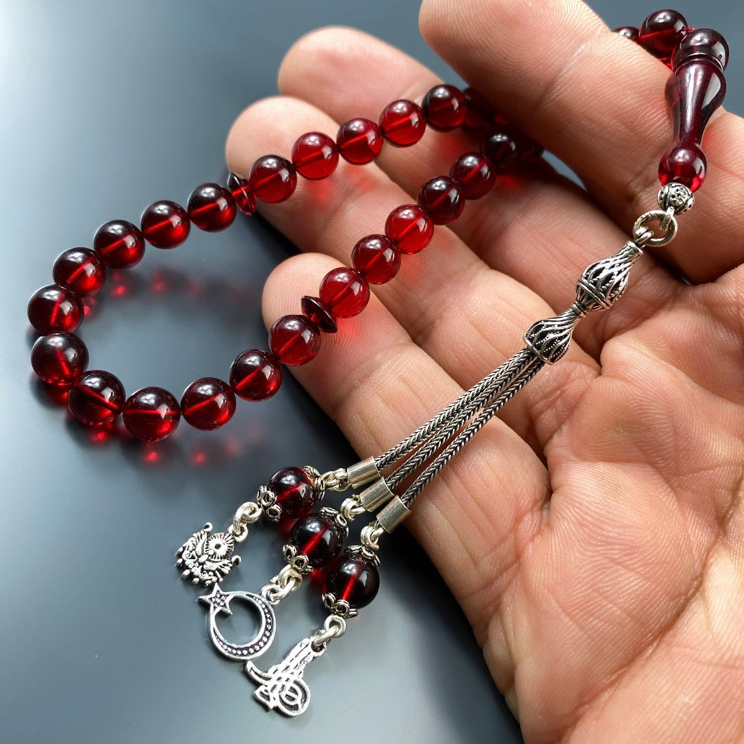 Kehribar Tesbih Rot Farbe VATAN Logos 925 Silber