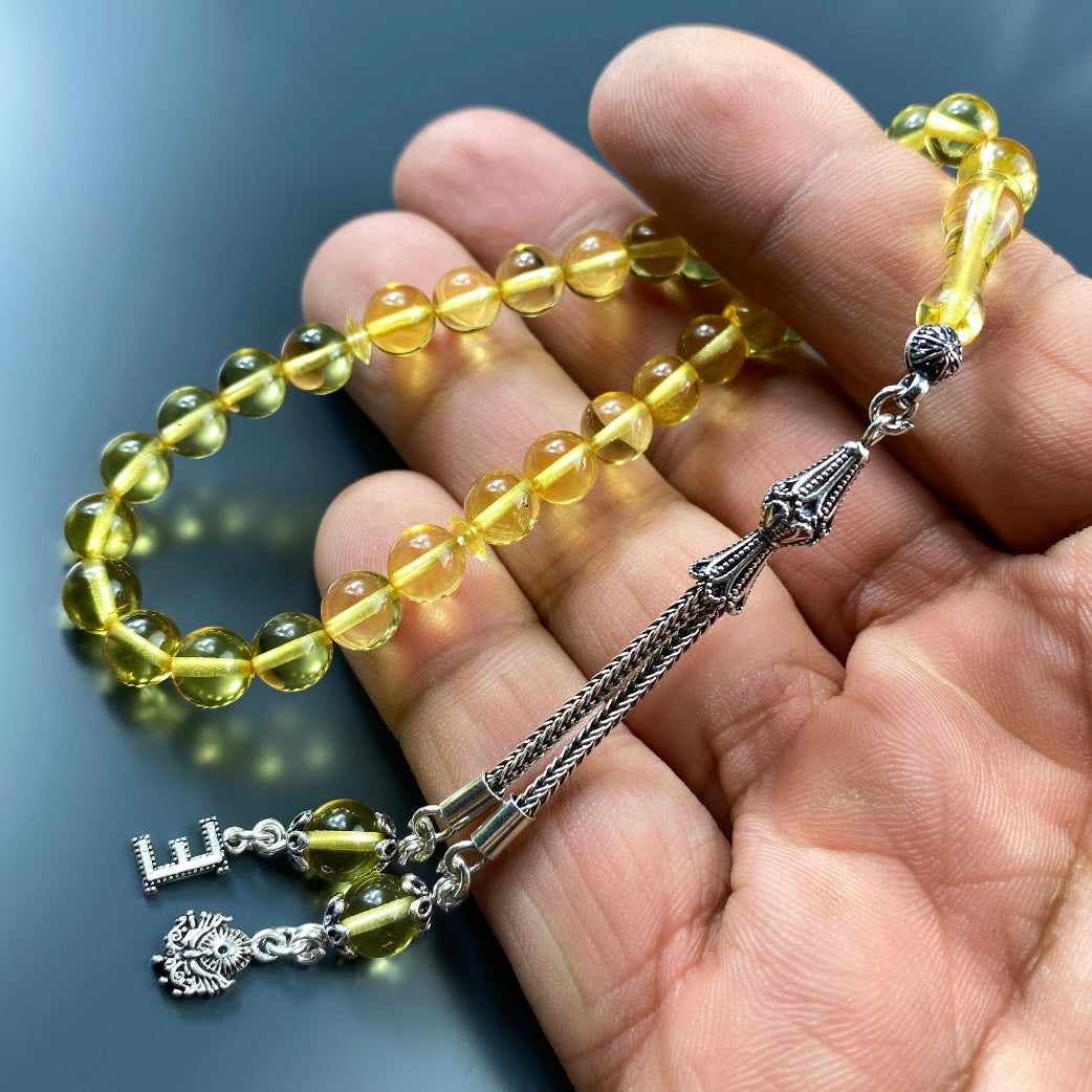 Kehribar Tesbih Gelb 1 Buchstabe und Logo 925 Silber Püskül