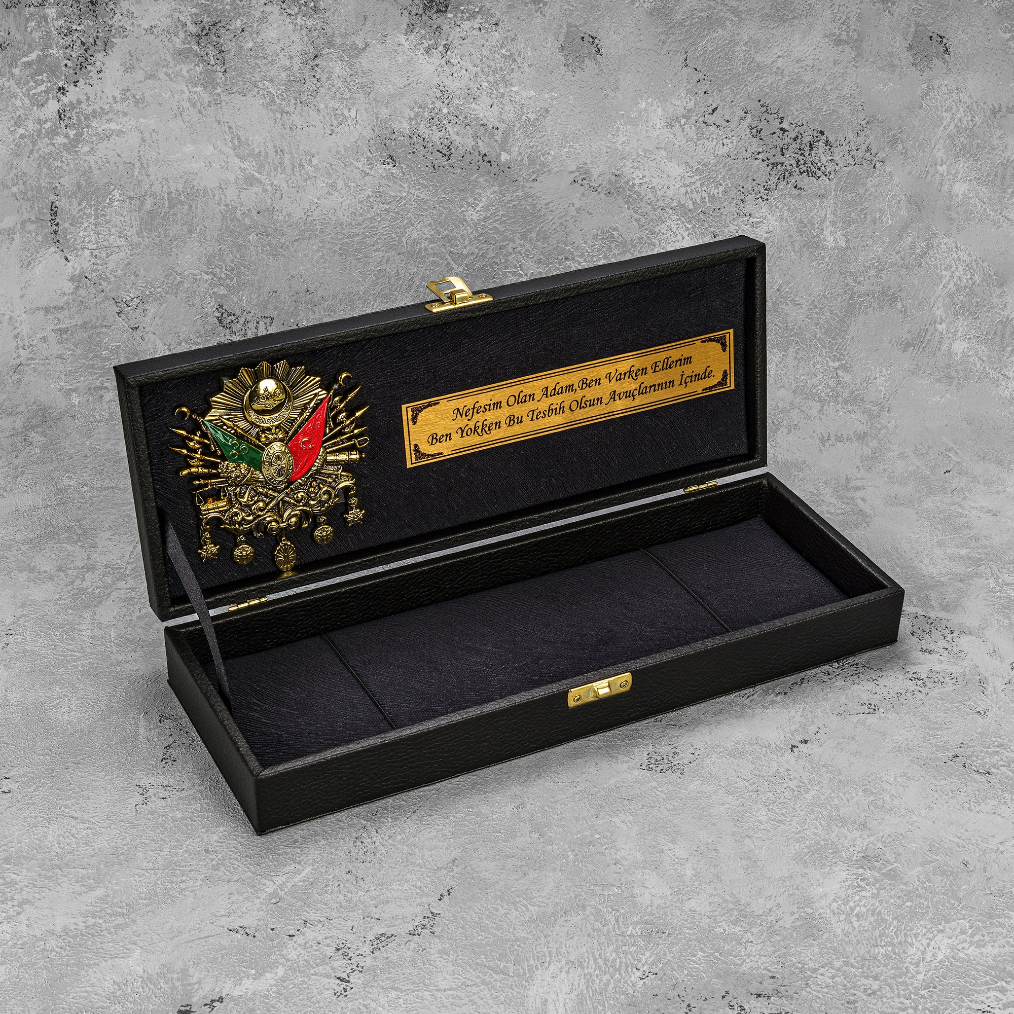 Tesbih Siyah Deri Kutu / Black Kunstleder Osmanli Logo innen personalisierte Geschenkbox