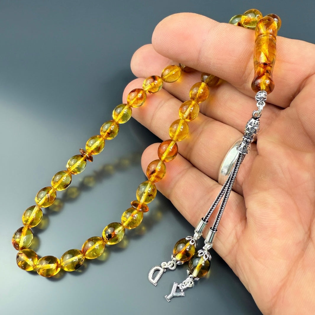Kehribar Tesbih Gelb / Grau Geschenkbox & 925 Silber