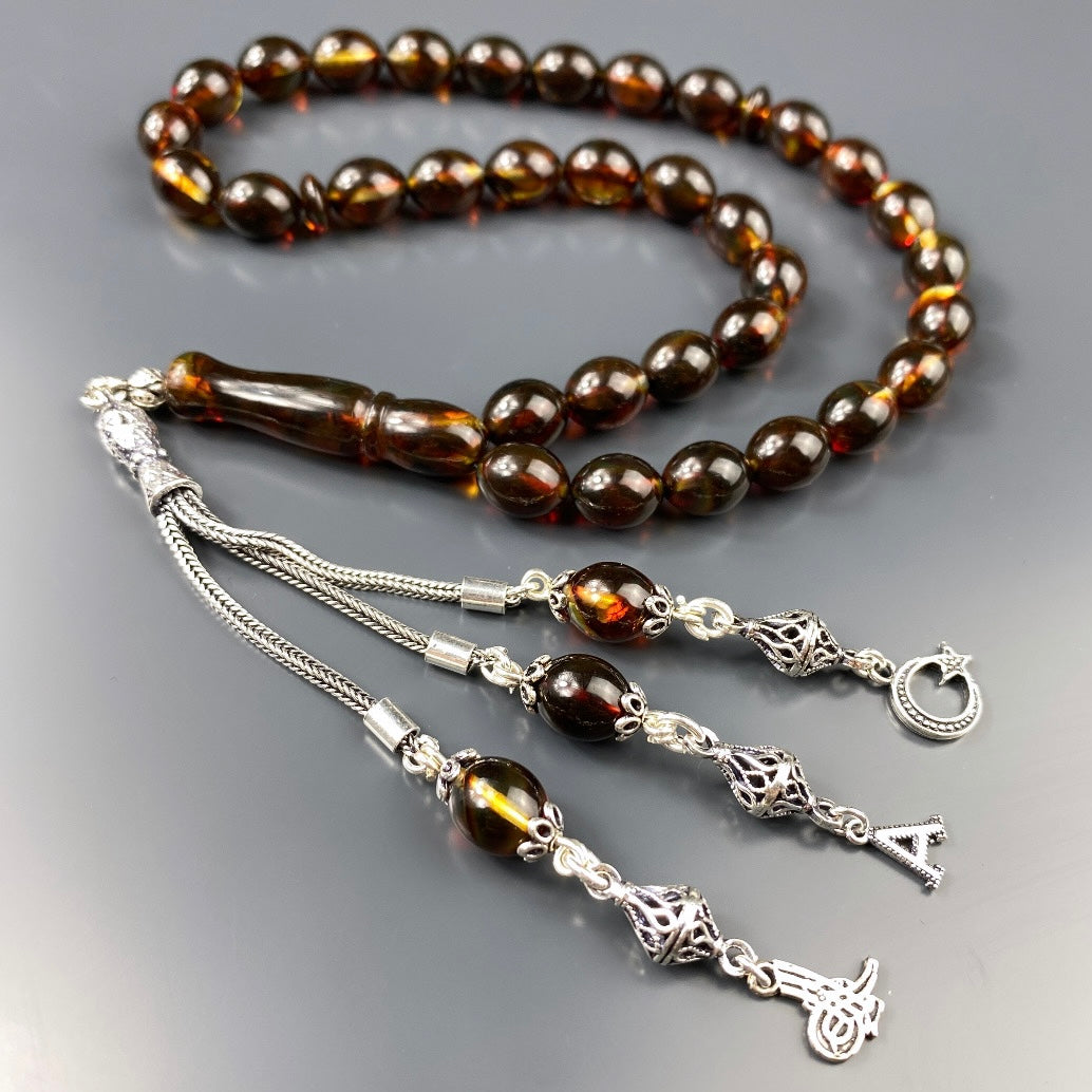 Kehribar Tesbih Tugra / Ay Yildiz Logo 1 Buchstabe 925 Silber