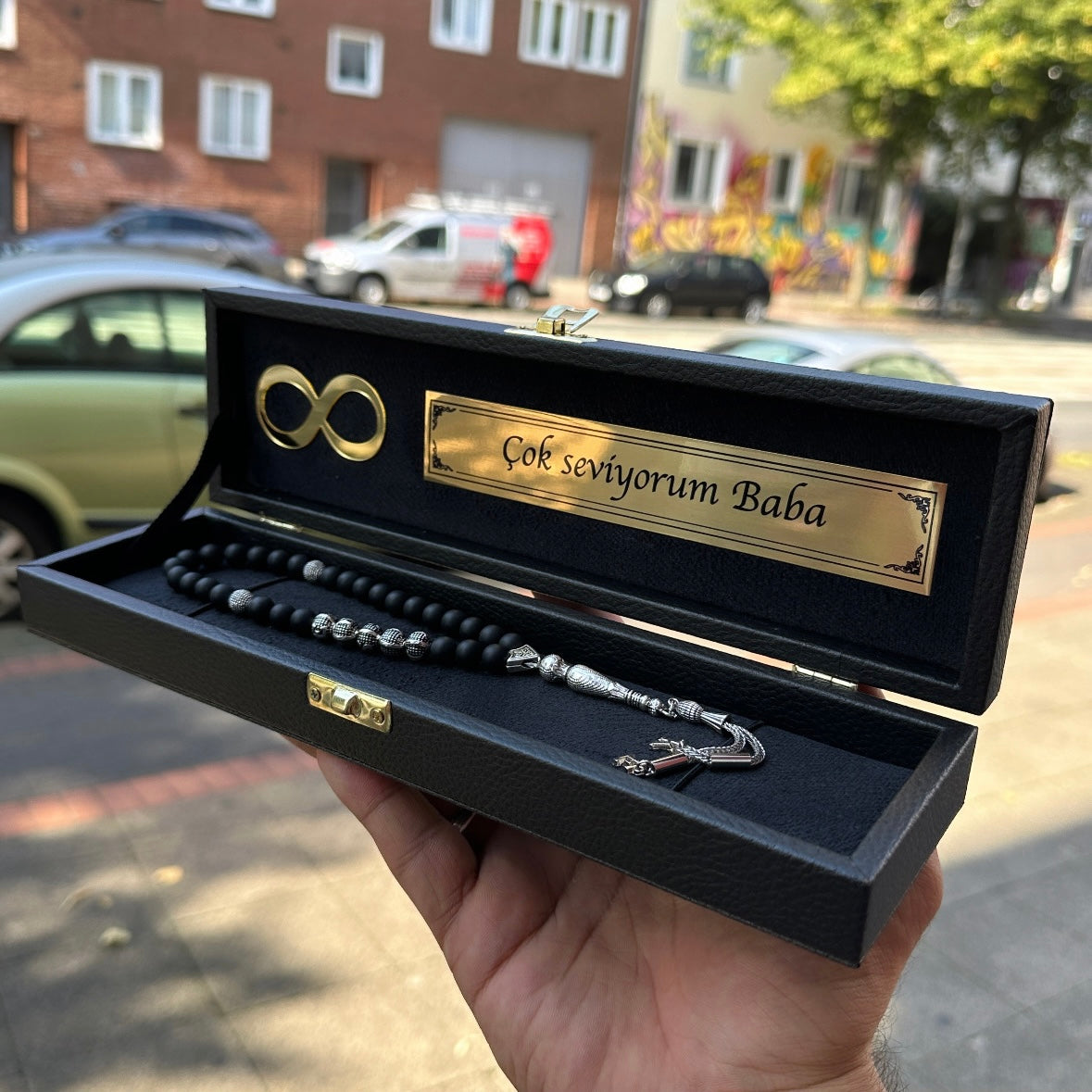 Tesbih mit Black New Box  - Sonsuzluk - Logo und Wunschtext Geschenkset