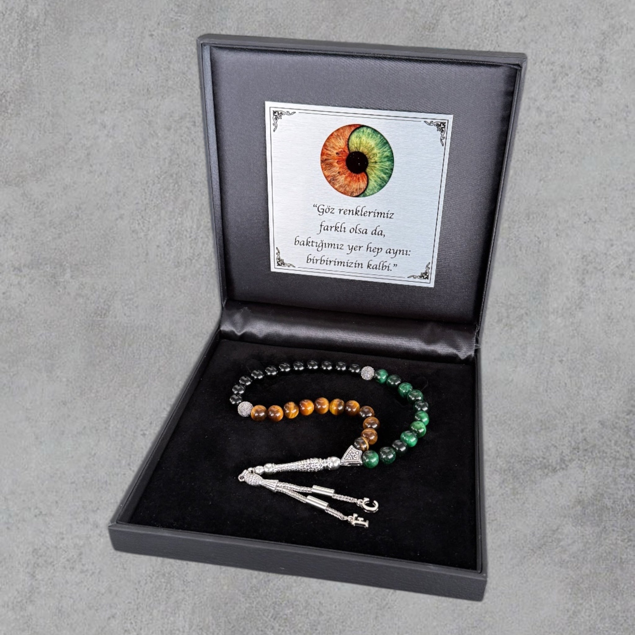 göz rengi tesbih braun grün in einer geschenkbox