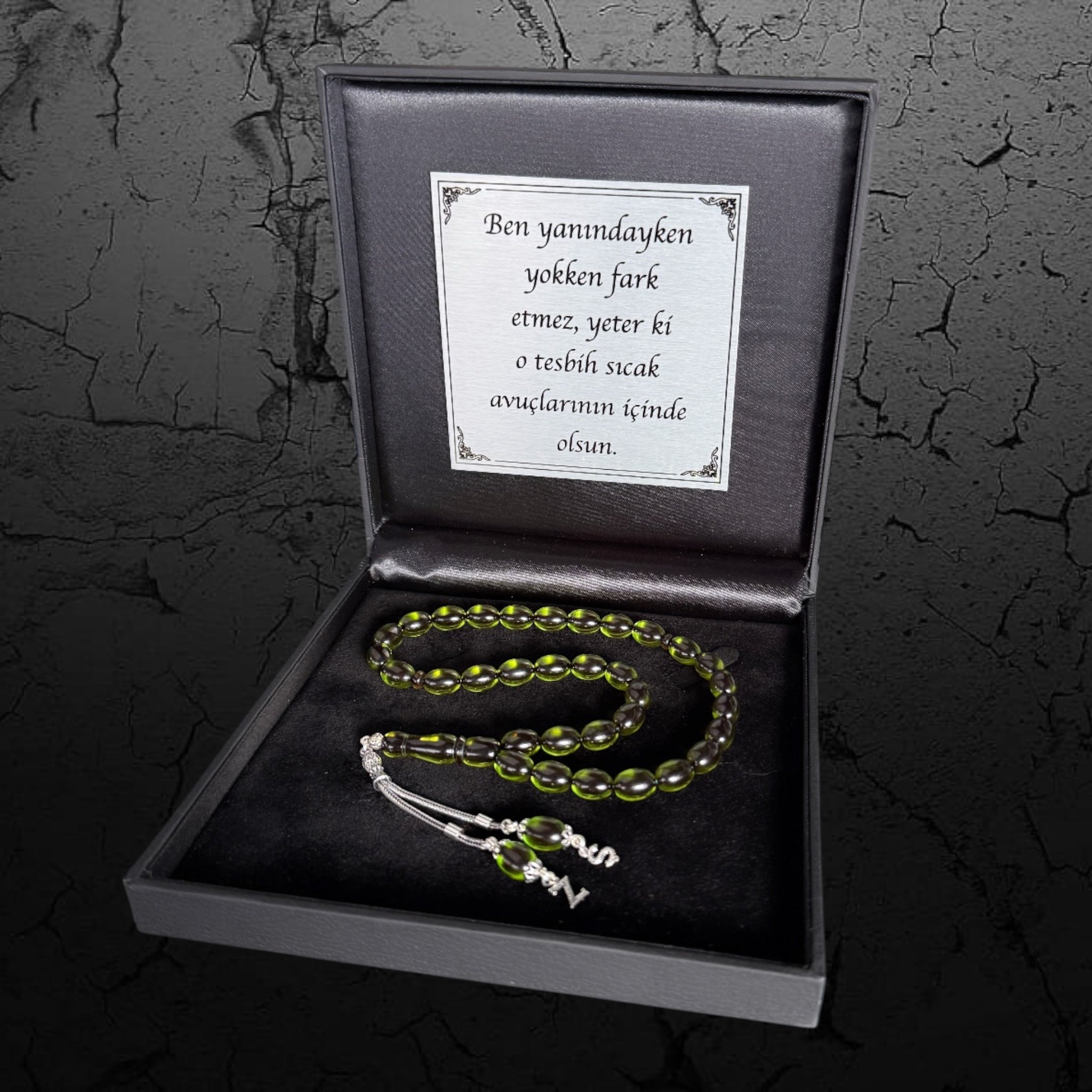 Kehribar Tesbih Sıkma Beyzi Hell Grün 2 Buchstaben 925 Silber