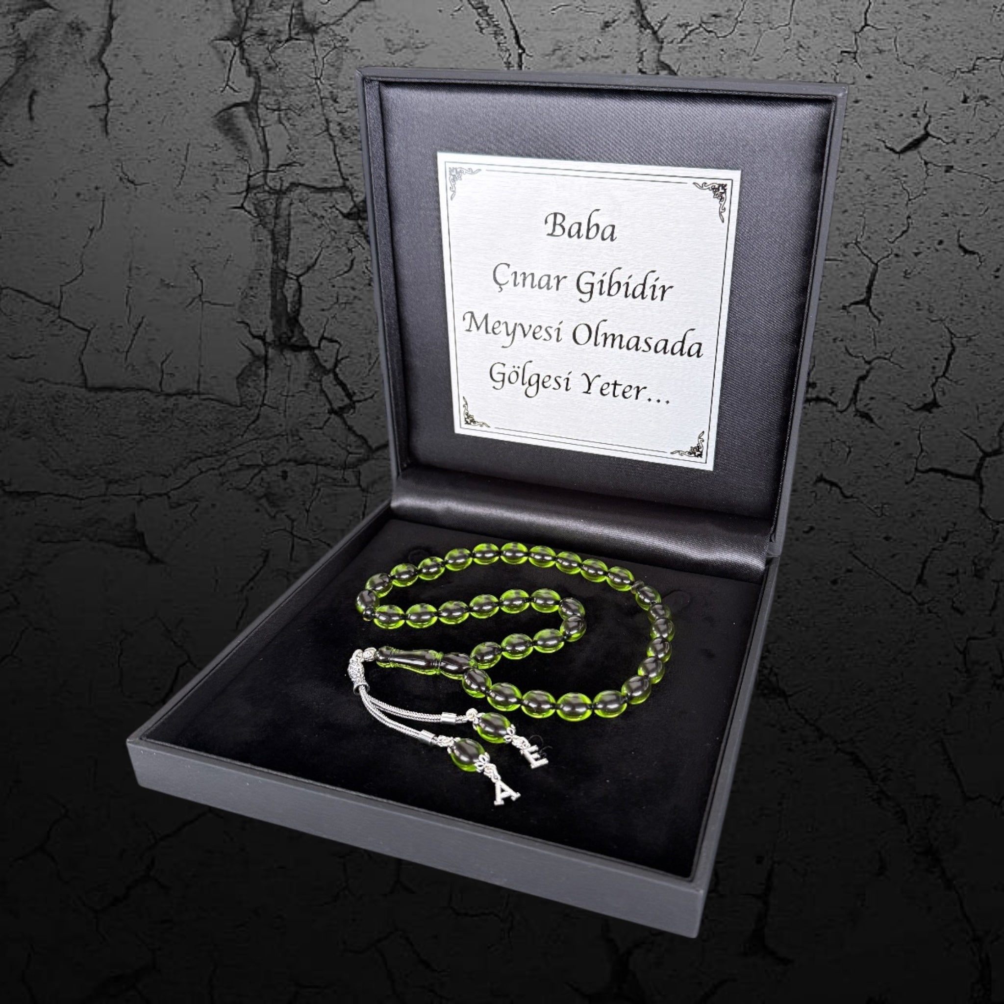 Kehribar Tesbih Sıkma Kapsül Hell Grün 2 Buchstaben 925 Silber