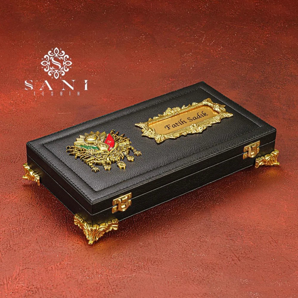Tesbih Set Özel Kutu Tasarimi Cerceveli Osmanli Logo oben – Special Box Black RED Geschenkset