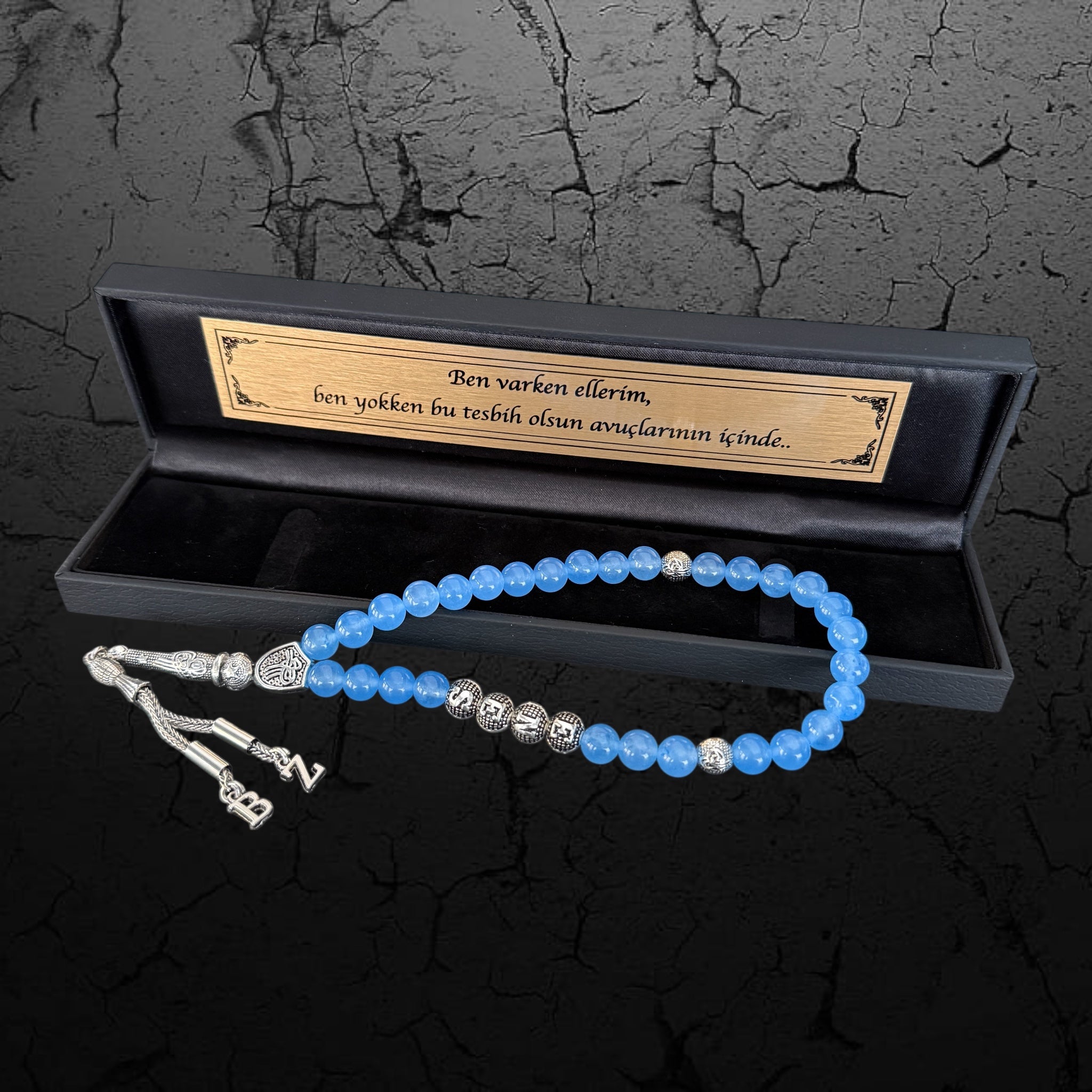 Tesbih mit Namen Black OLD Box Baby Blue Jade mit Wunschtext