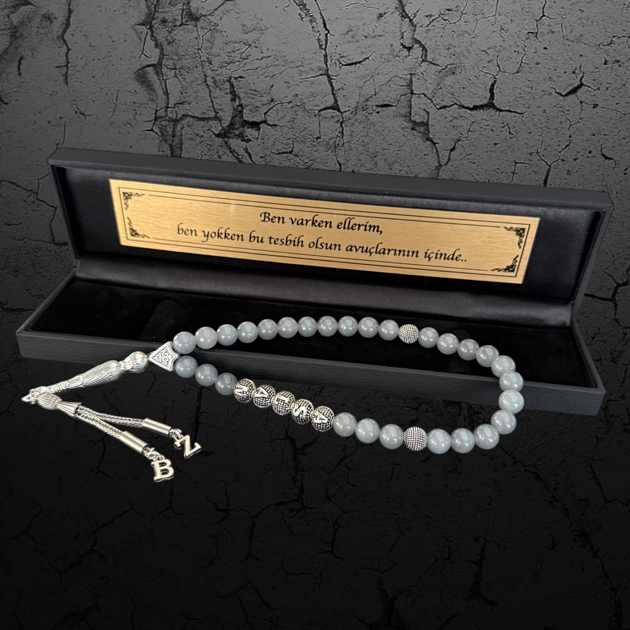 Tesbih mit Namen Black OLD Box Space Grau Jade mit Wunschtext