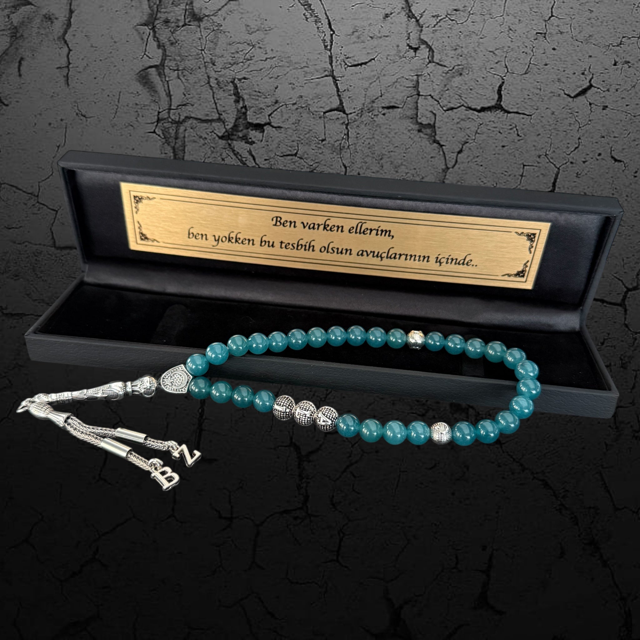 Tesbih mit Namen Black OLD Box Ocean Grün Jade mit Wunschtext