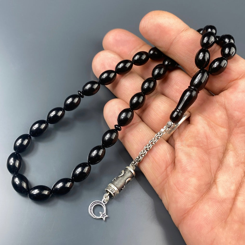 Tesbih SIKMA Kehribar Black Laser Gravur Ay Yildiz Logo Püskül Silber 925