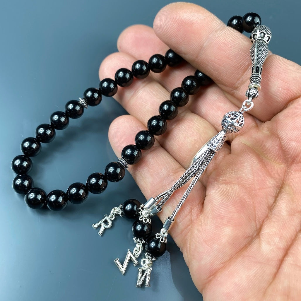 Tesbih / Gebetskette Onyx Glanz Ay Yildiz Logo 925 Silber 3 Buchstaben