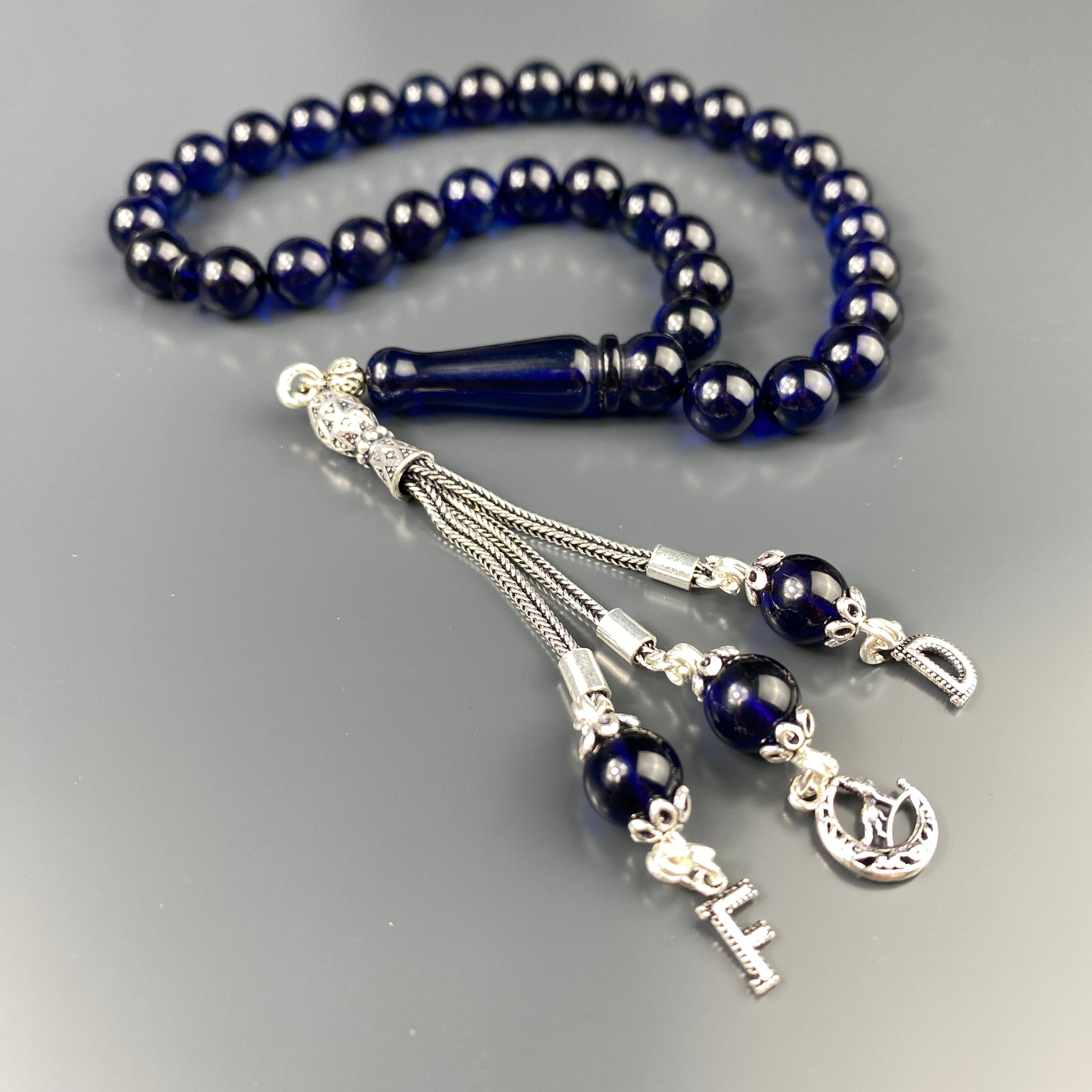Kehribar Tesbih Blau Kurt Logo 2 Buchstaben 925 Silber Püskül