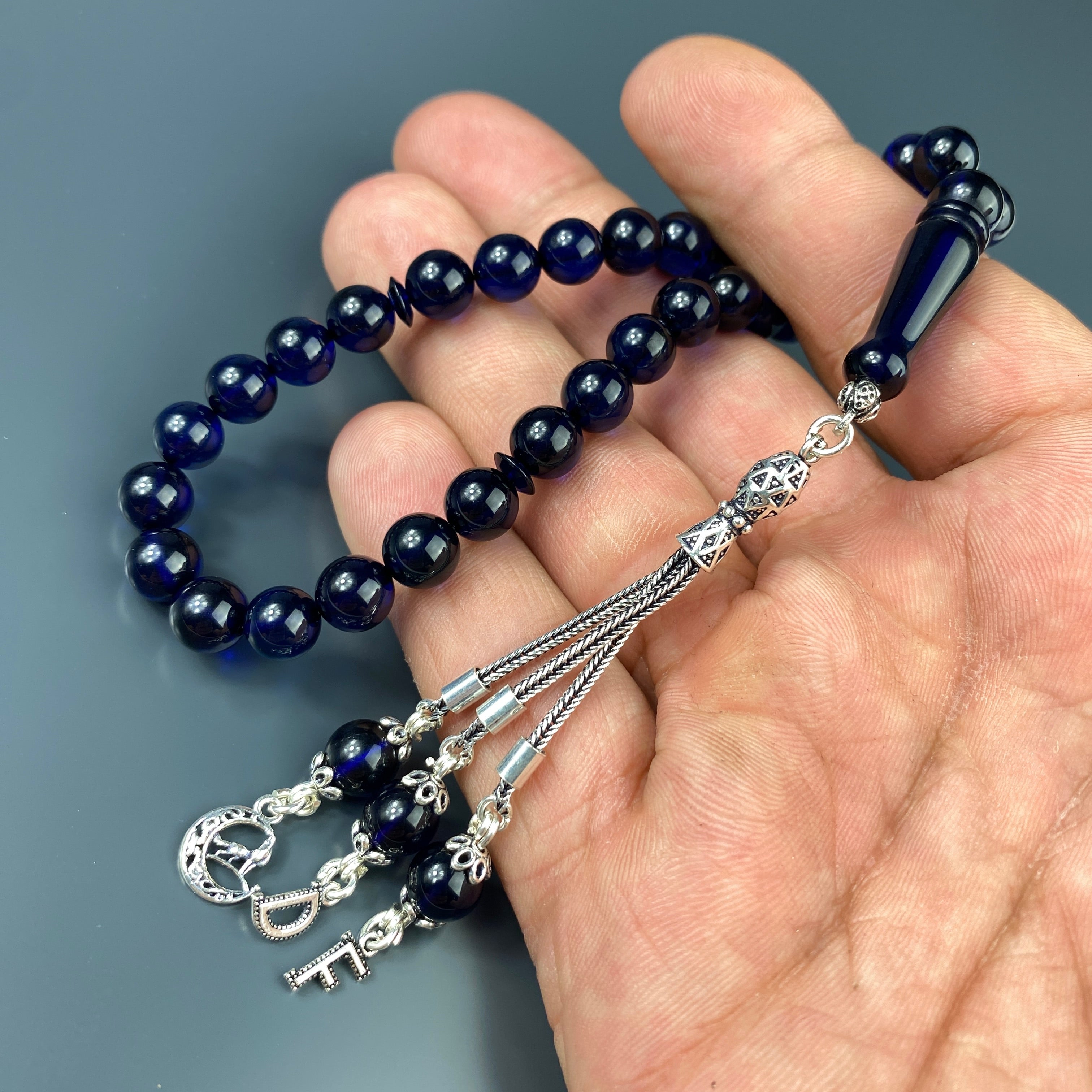 Kehribar Tesbih Blau Kurt Logo 2 Buchstaben 925 Silber Püskül