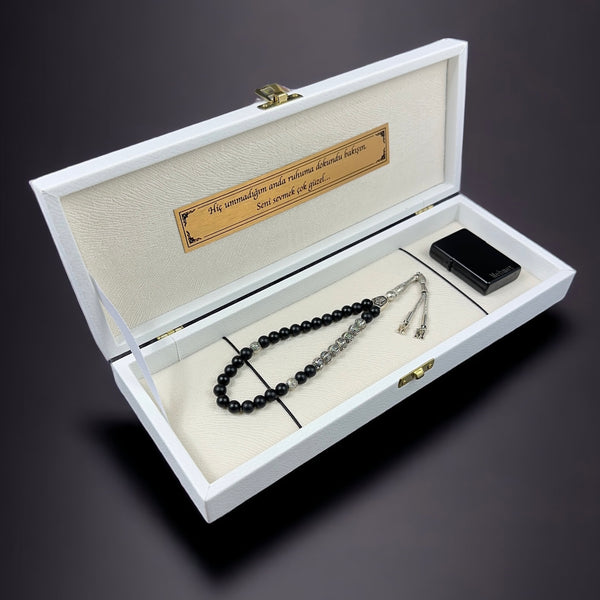 Tesbih Box Weiss / Creme Orta Boy Geschenkset – Wunschtext
