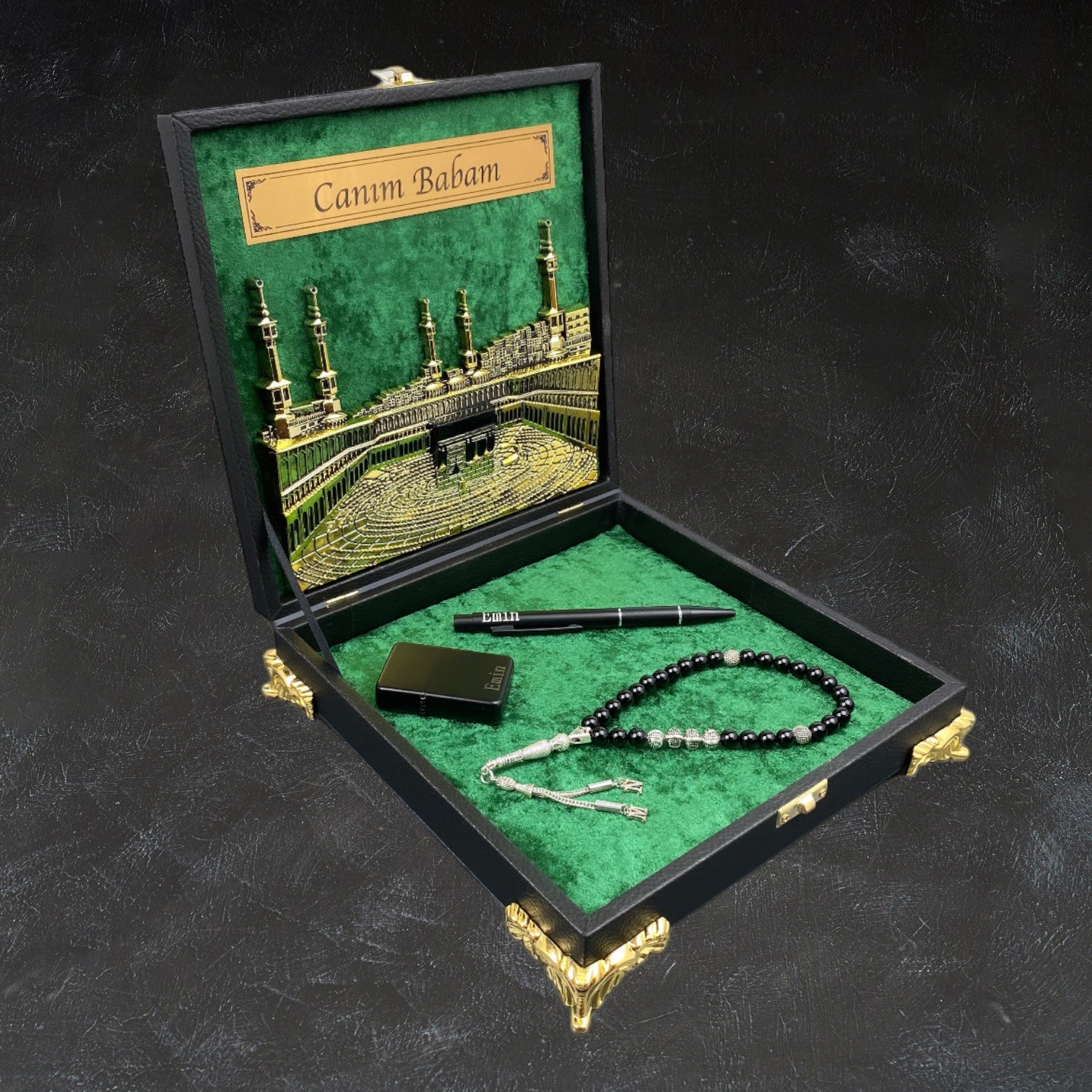 Tesbih mit Namen und Geschenkbox personalisiert mit einem Wunschtext Geschenk etui islamische geschenke perlenkette männerschmuck Kehribar tesbih Feuerzug mit Namen personalisiert Mekka mekke ayet el kürsi islamische geschenk box 