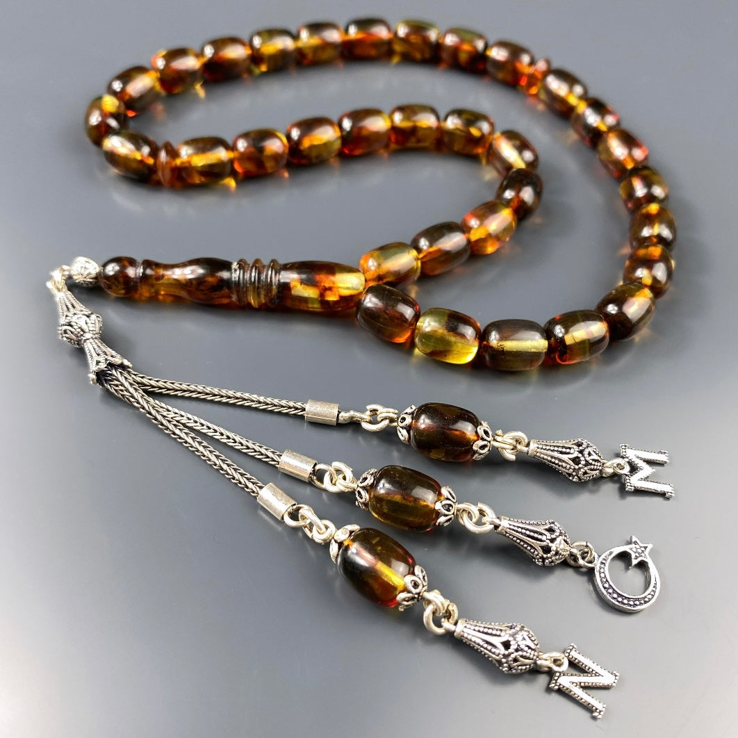 Kehribar Tesbih Braun Kapsül 2 Buchstaben & Logo 925 Silber