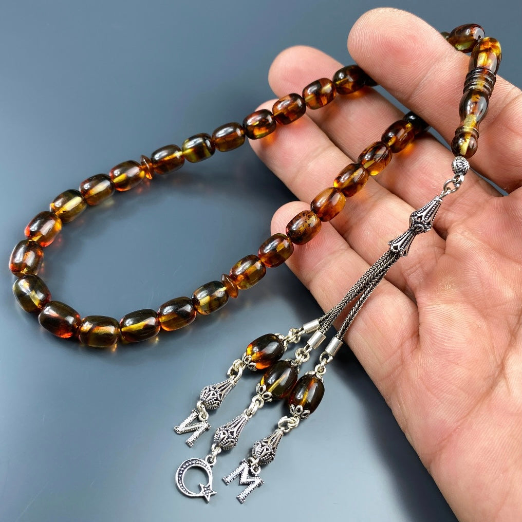 Kehribar Tesbih Braun Kapsül 2 Buchstaben & Logo 925 Silber