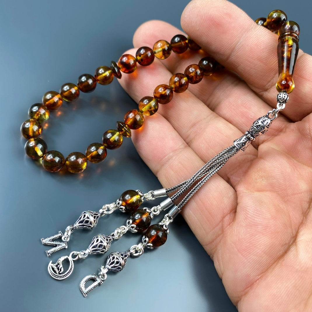 Kehribar Tesbih Braun 2 Buchstaben & Kurt Ay Logo 925 Silber