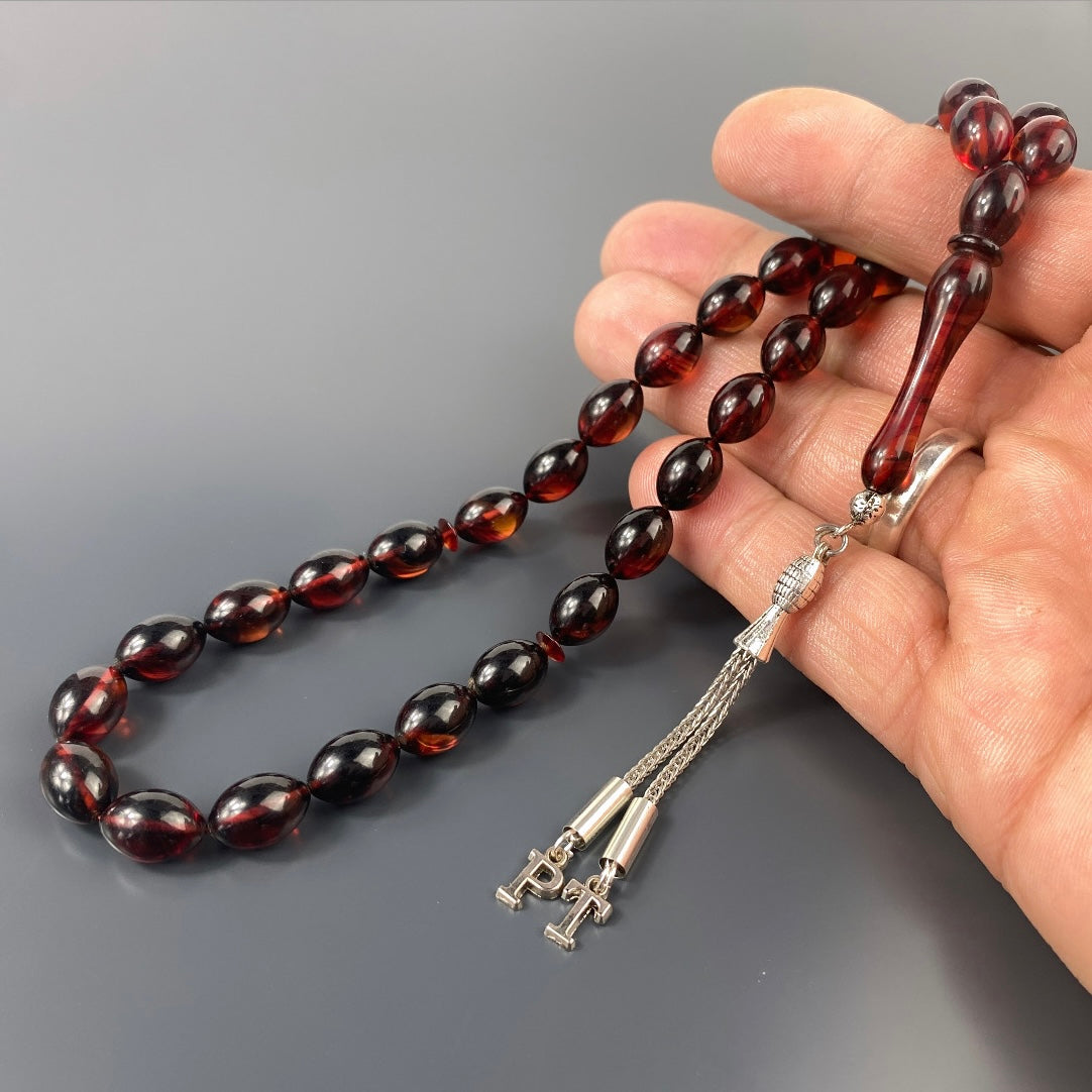 Tesbih Kehribar Ates Sikma personalisiert mit Buchstaben Kirmizi Renk Süzme
