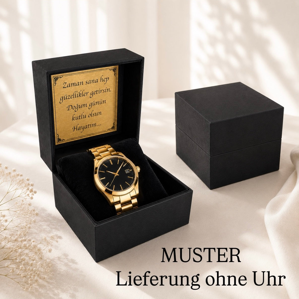 Personalisierte Uhrenbox mit Gravur & Wunschtext – Luxus Uhrenetui aus Kunstleder mit Gold-Plakette