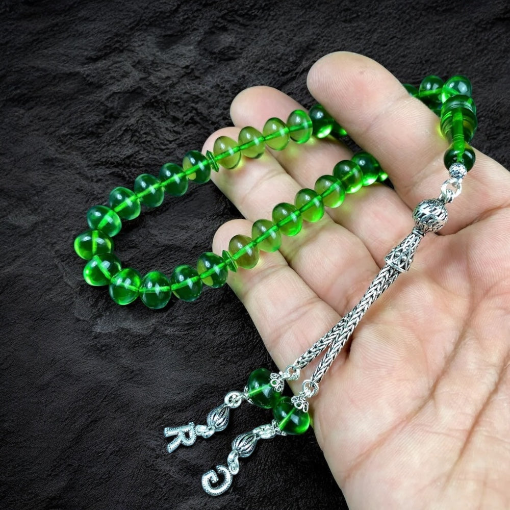 Original Kehribar Tesbih Grün 2 Harf Püskül Teker KESIM 925 Silver