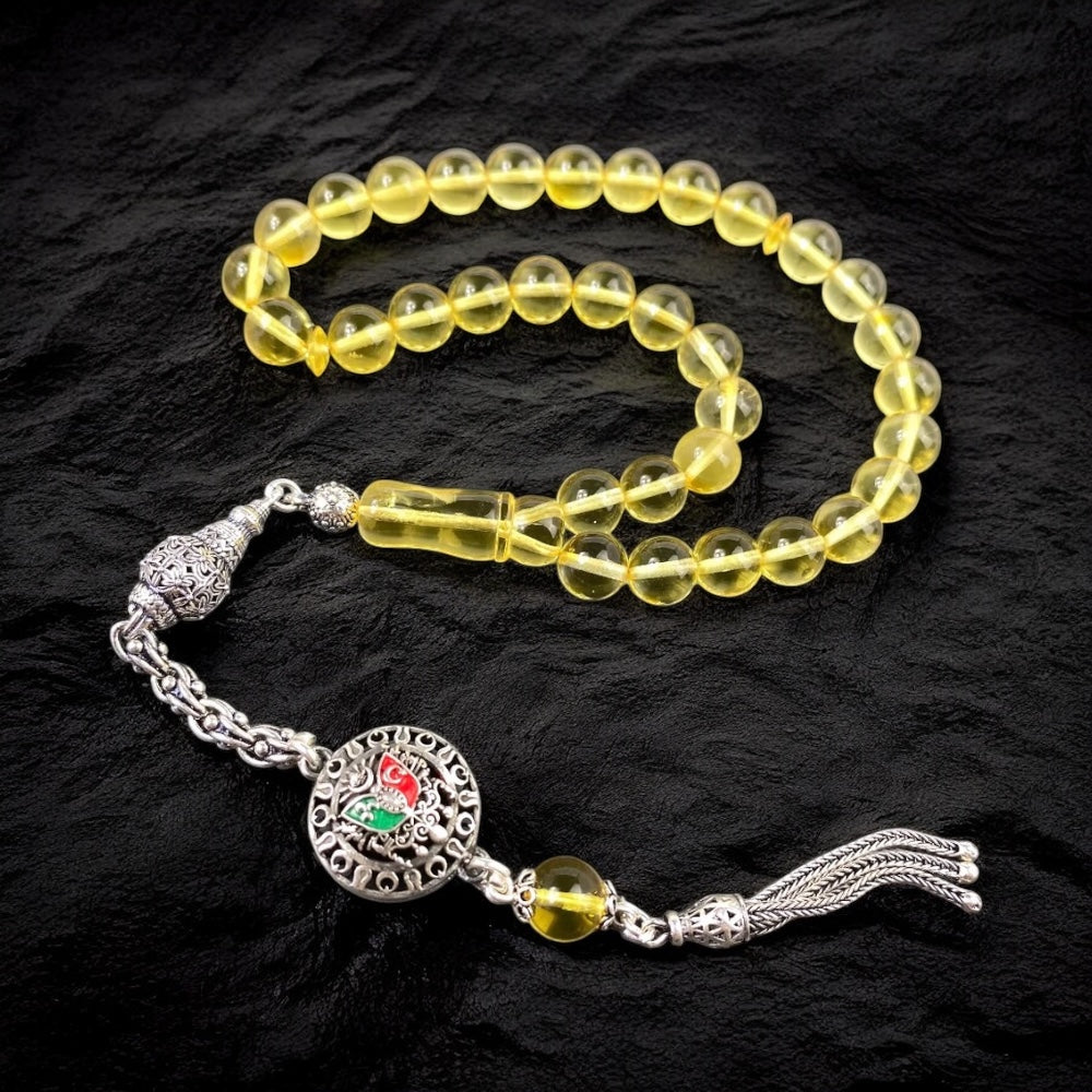 Original Kehribar Tesbih Gelb Özel Püskül Osmanli Arma Logo 925 Silver