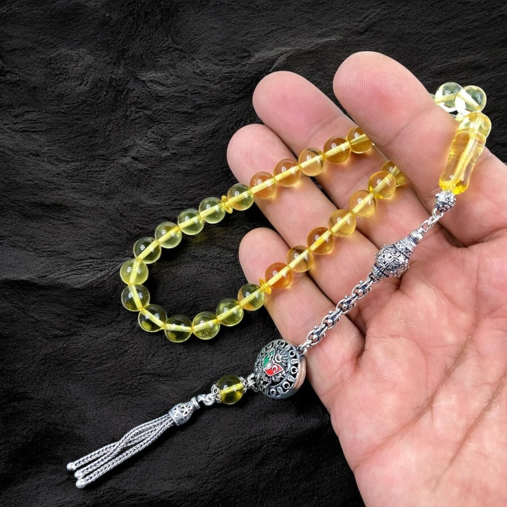 Original Kehribar Tesbih Gelb Özel Püskül Osmanli Arma Logo 925 Silver