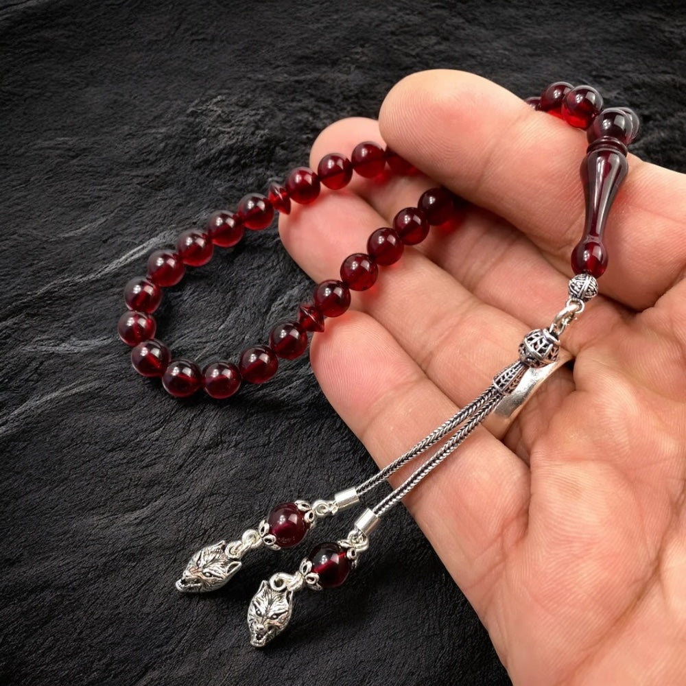 Original Kehribar Tesbih Rot Gümüs Püskül Kurt Logo 925 Silver