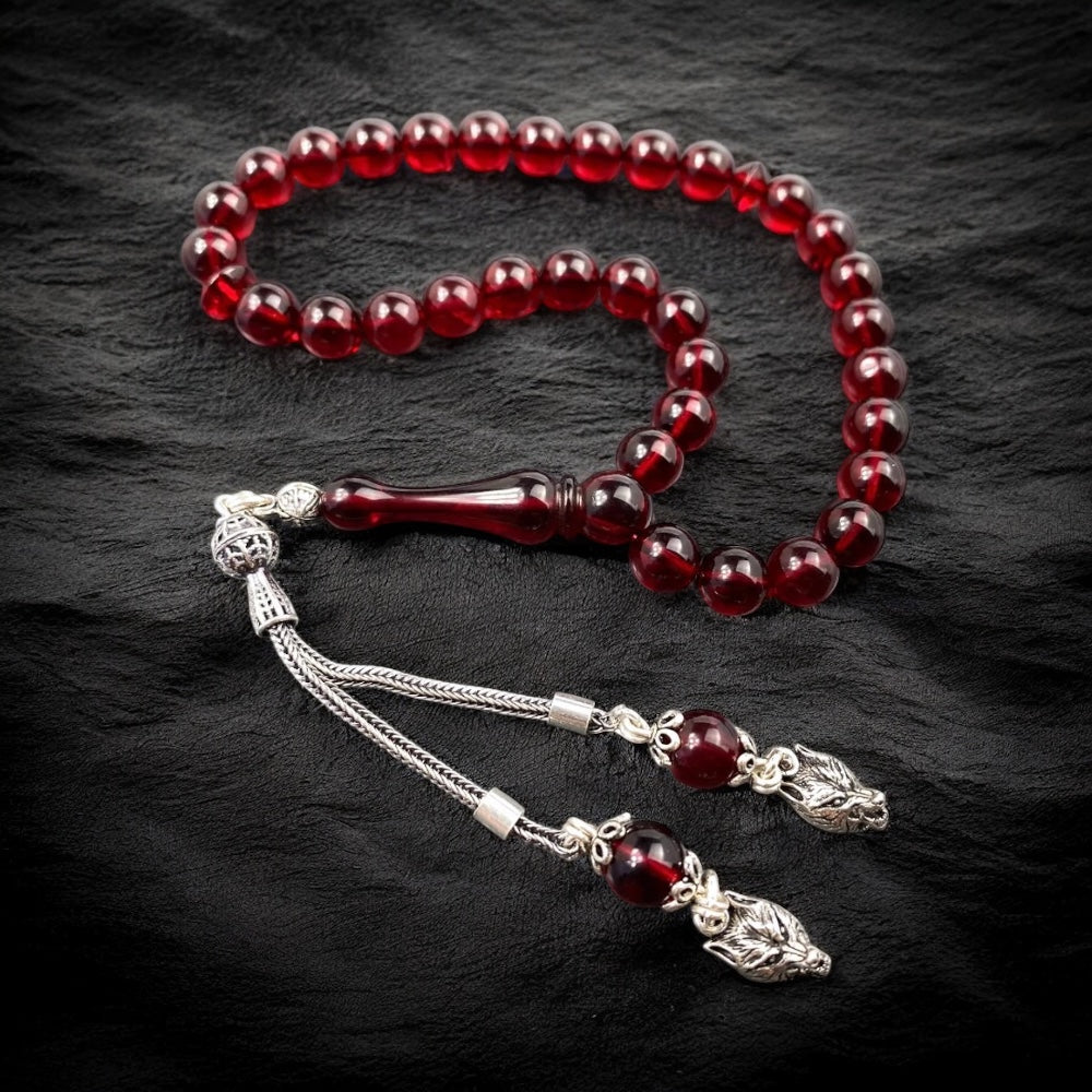 Original Kehribar Tesbih Rot Gümüs Püskül Kurt Logo 925 Silver