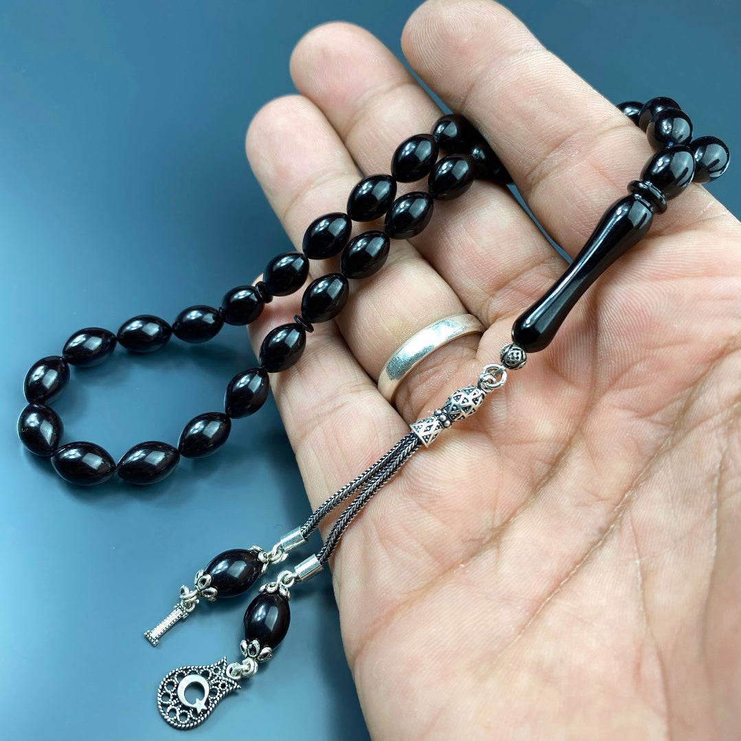 Kehribar Tesbih Sikma Black 1 Buchstabe und Ay Yildiz Logo 925 Silber personalisiert