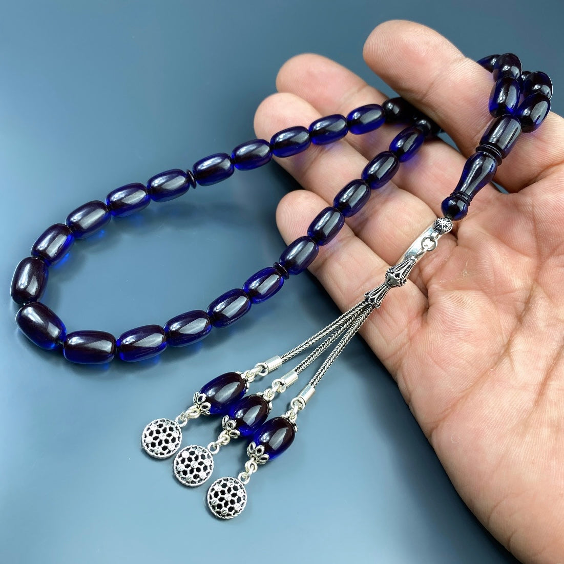Kehribar Tesbih Sikma Blau Basic Logo 925 Silber