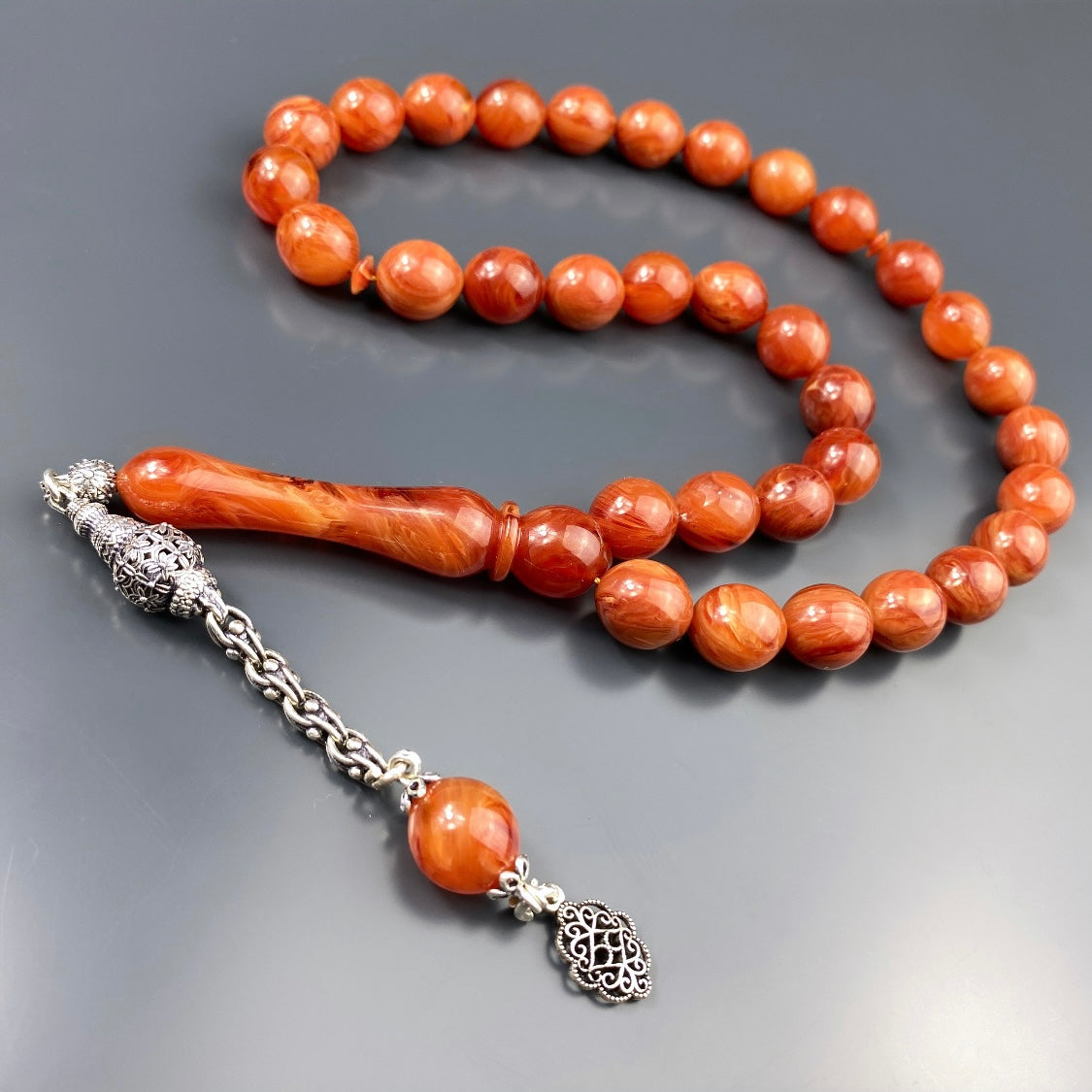 Kehribar Tesbih Sikma Orange Basic Logo 925 Silber Büyük Boy