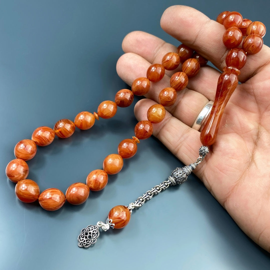 Kehribar Tesbih Sikma Orange Basic Logo 925 Silber Büyük Boy