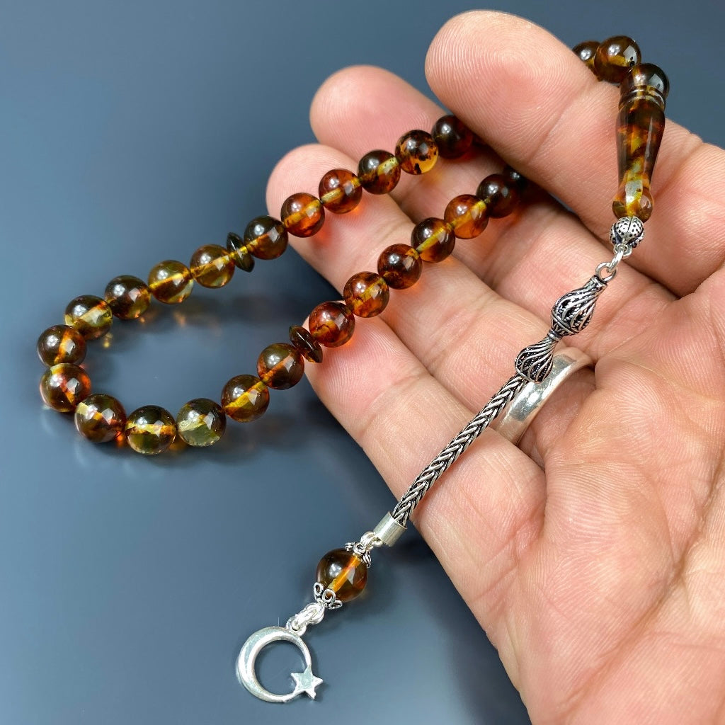 Kehribar Tesbih Braun Ay Yildiz Logo 925 Silber Püskül