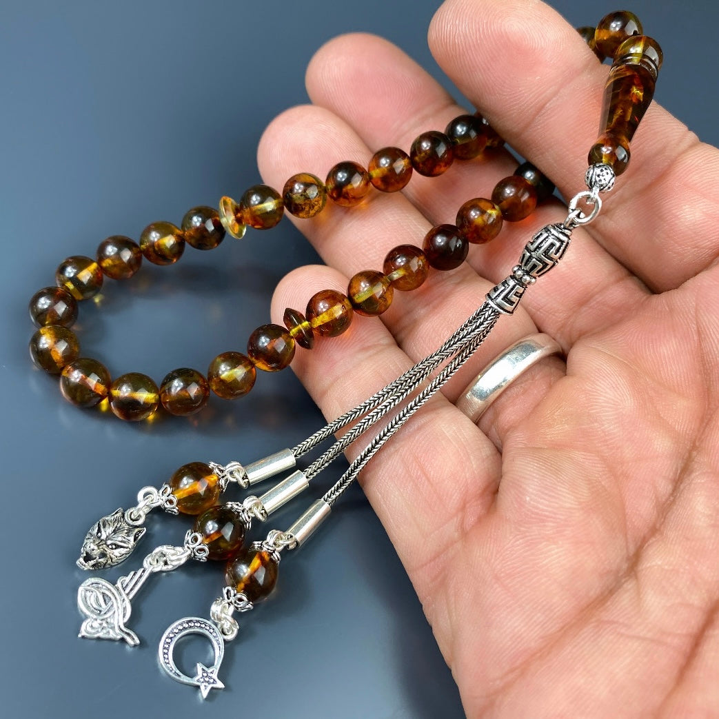 Kehribar Tesbih Braun VATAN Logos 925 Silber Püskül
