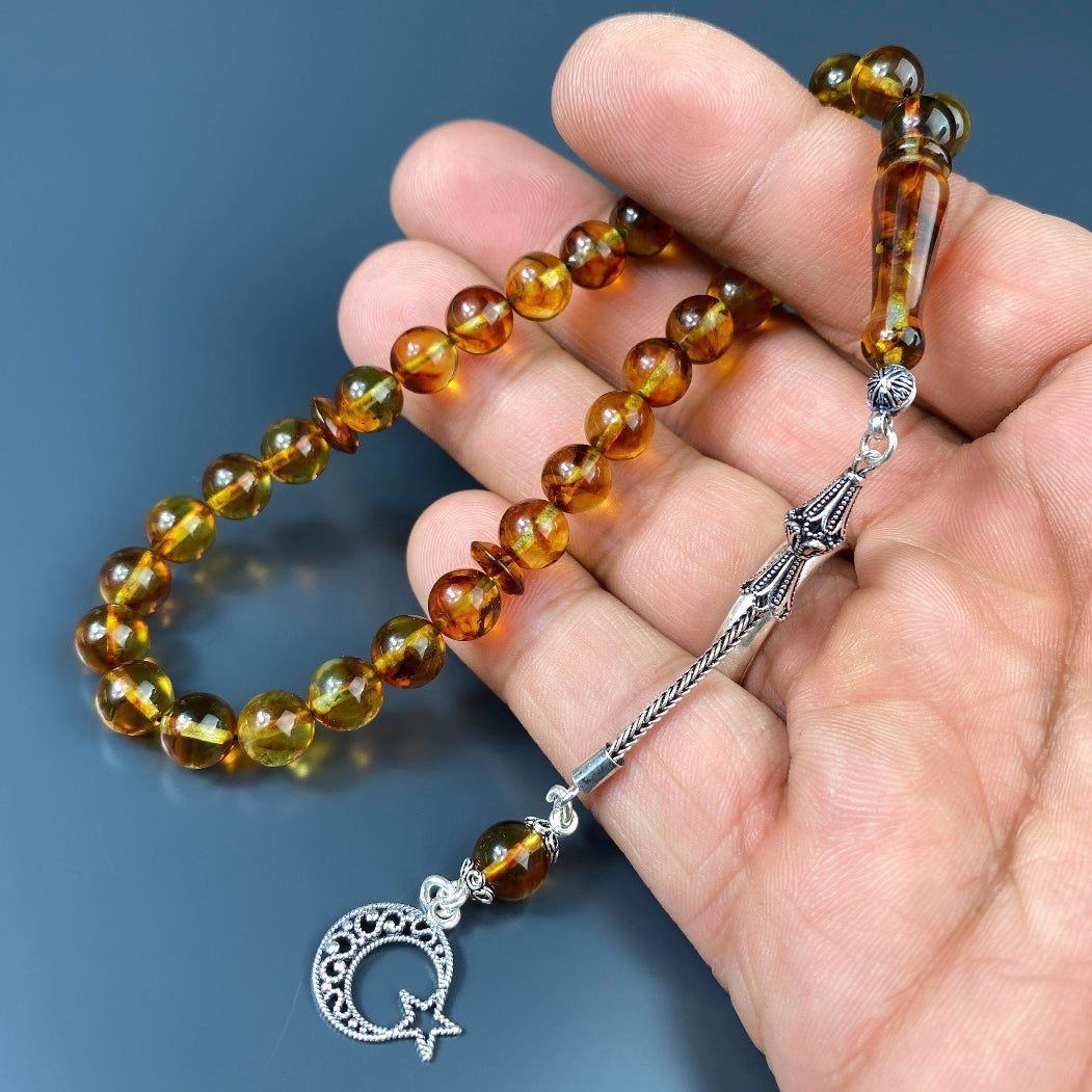 Kehribar Tesbih Braun Ay Yildiz Logo 925 Silber Püskül