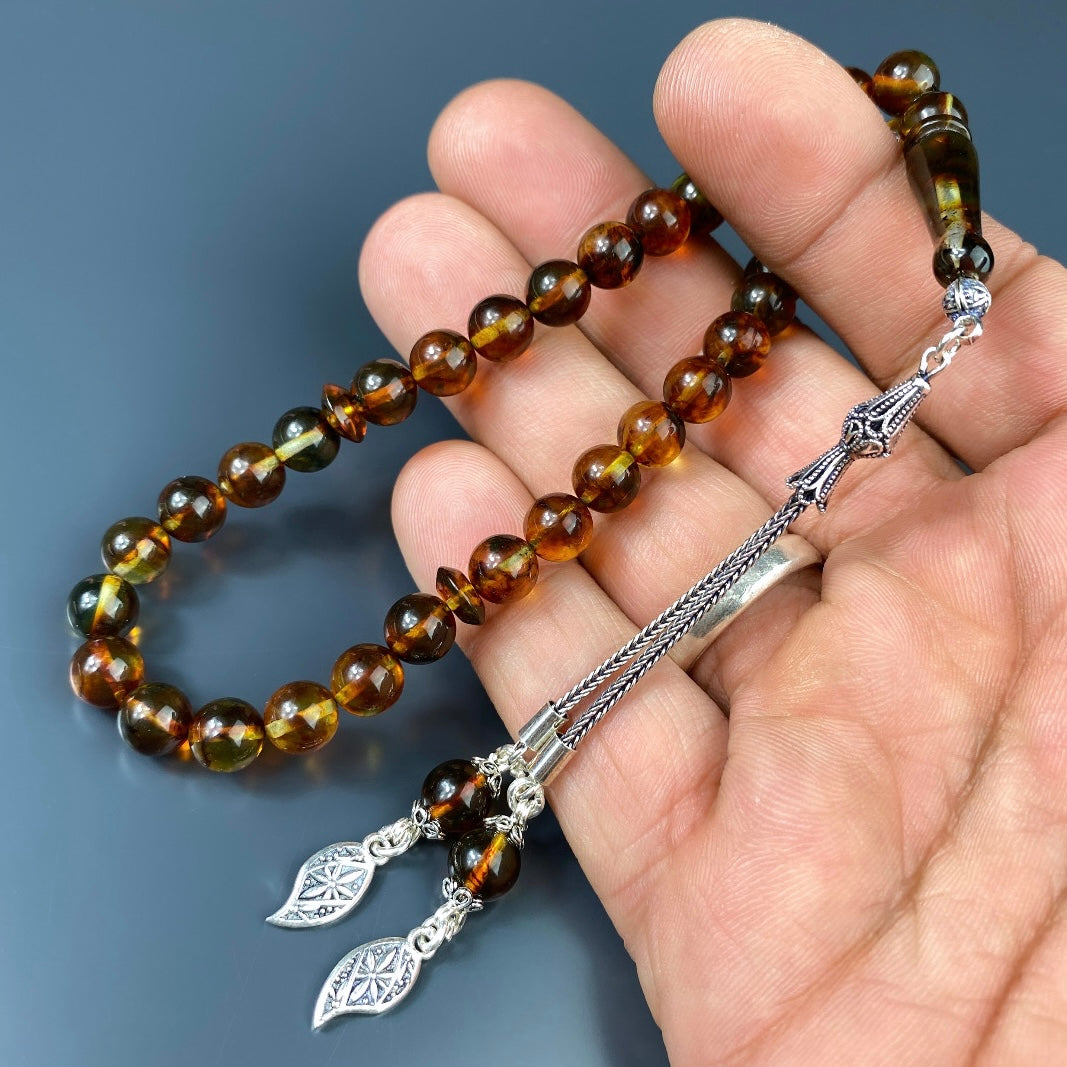 Kehribar Tesbih Braun Blatt Logo 925 Silber Püskül