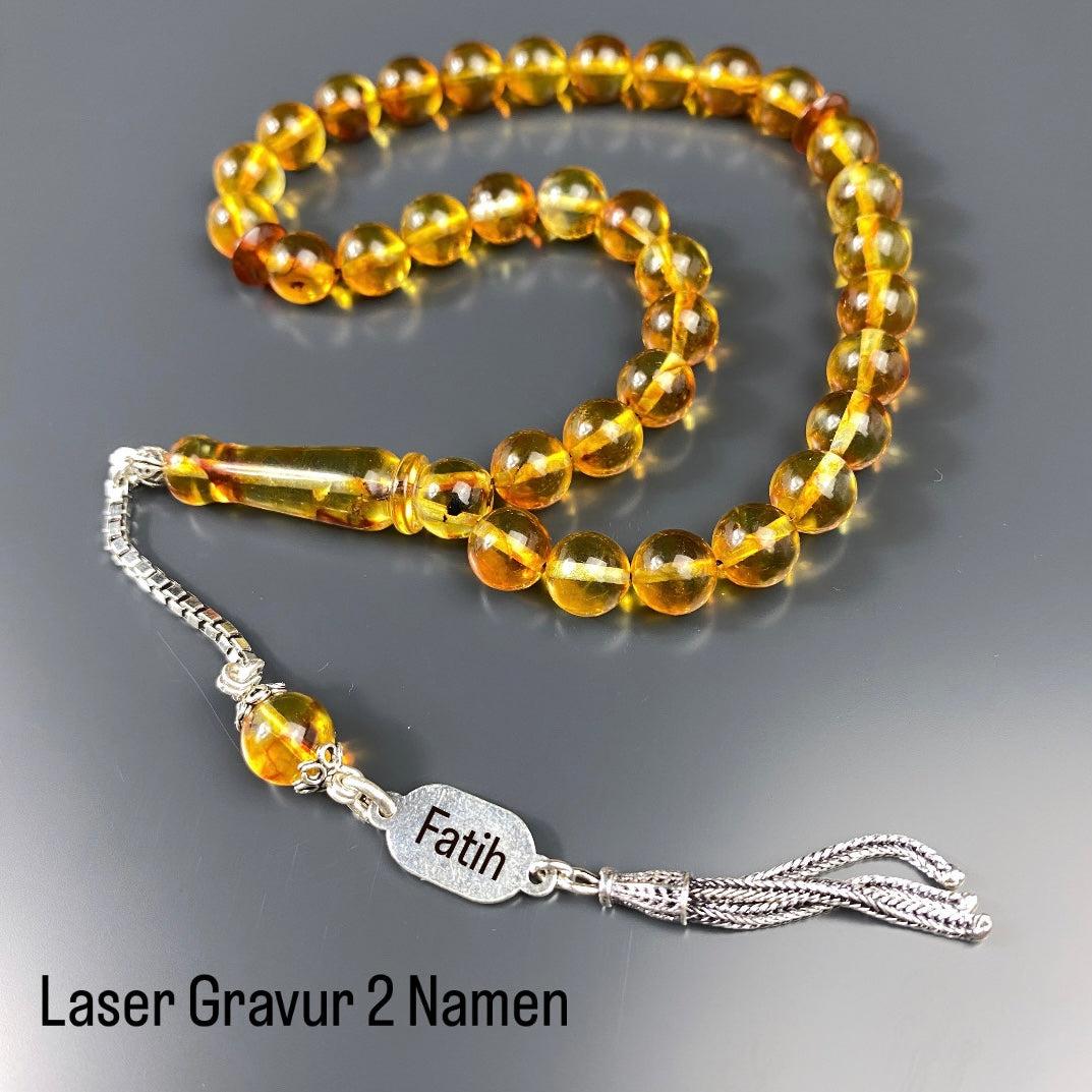 Kehribar Tesbih Gelb 925 Silber 2 Name Lazer Gravur Püskül