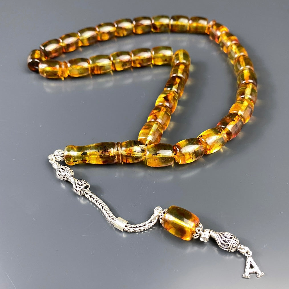 Kehribar Tesbih Gelb 925 Silber 1 Harf Püskül BÜYÜK BOY