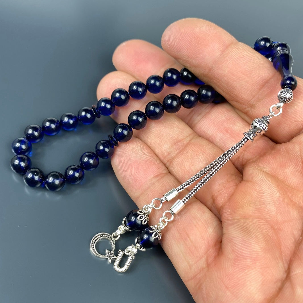 Kehribar Tesbih Blau 925 Silber Püskül Buchstabe & Logo