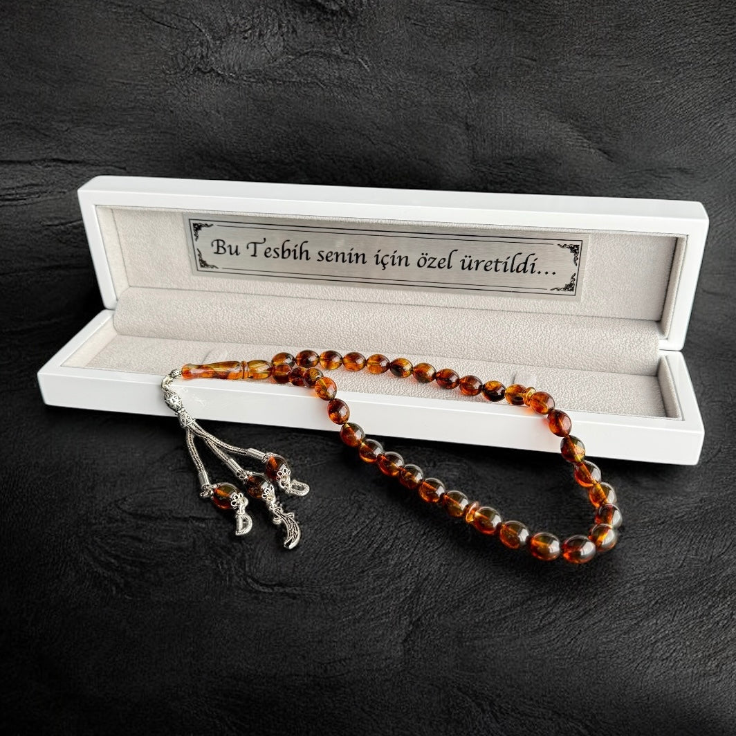 Original Kehribar Tesbih Braun Harf ve Logo 925 Silver