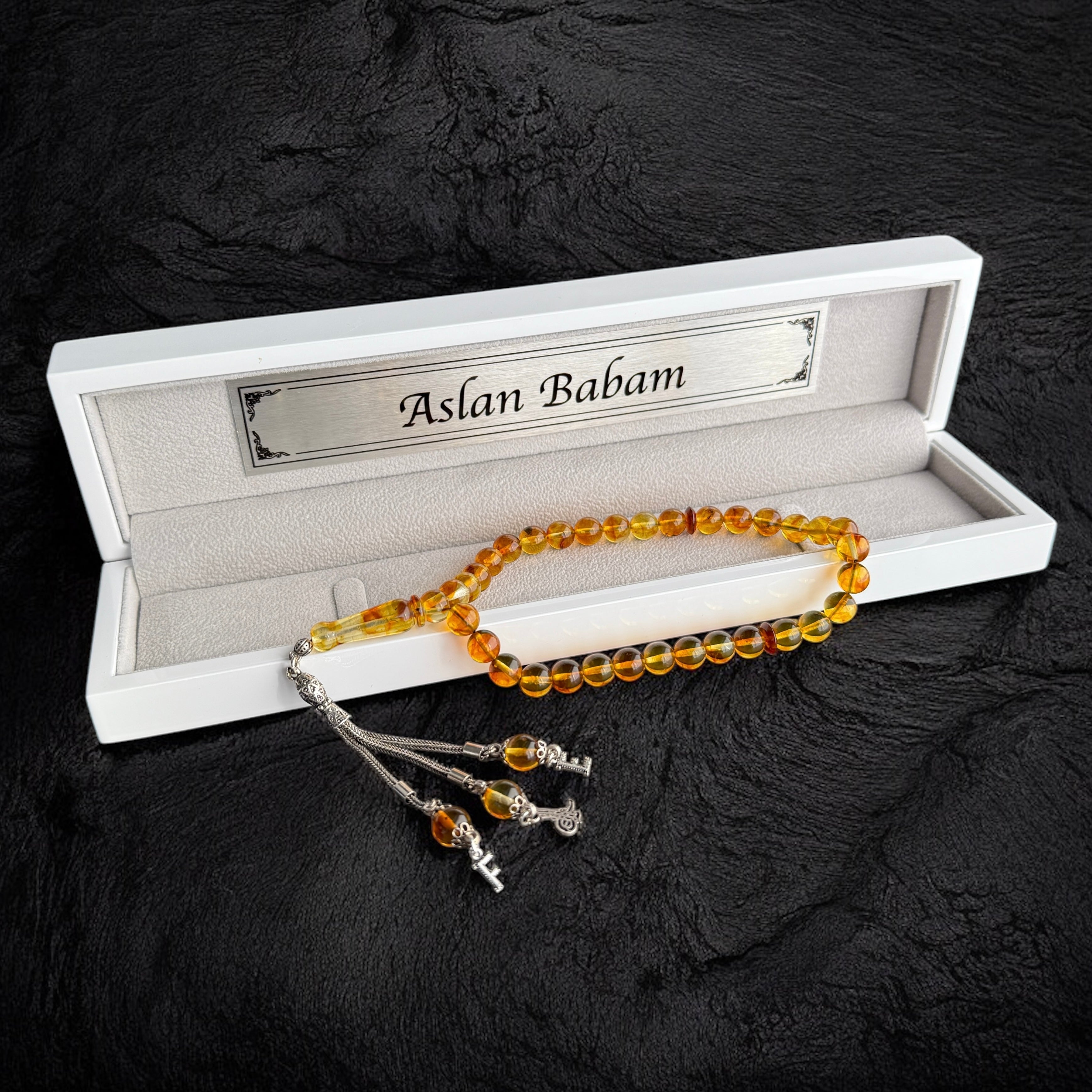 Original Kehribar Tesbih Gelb / Braun Harf ve Logo 925 Silver