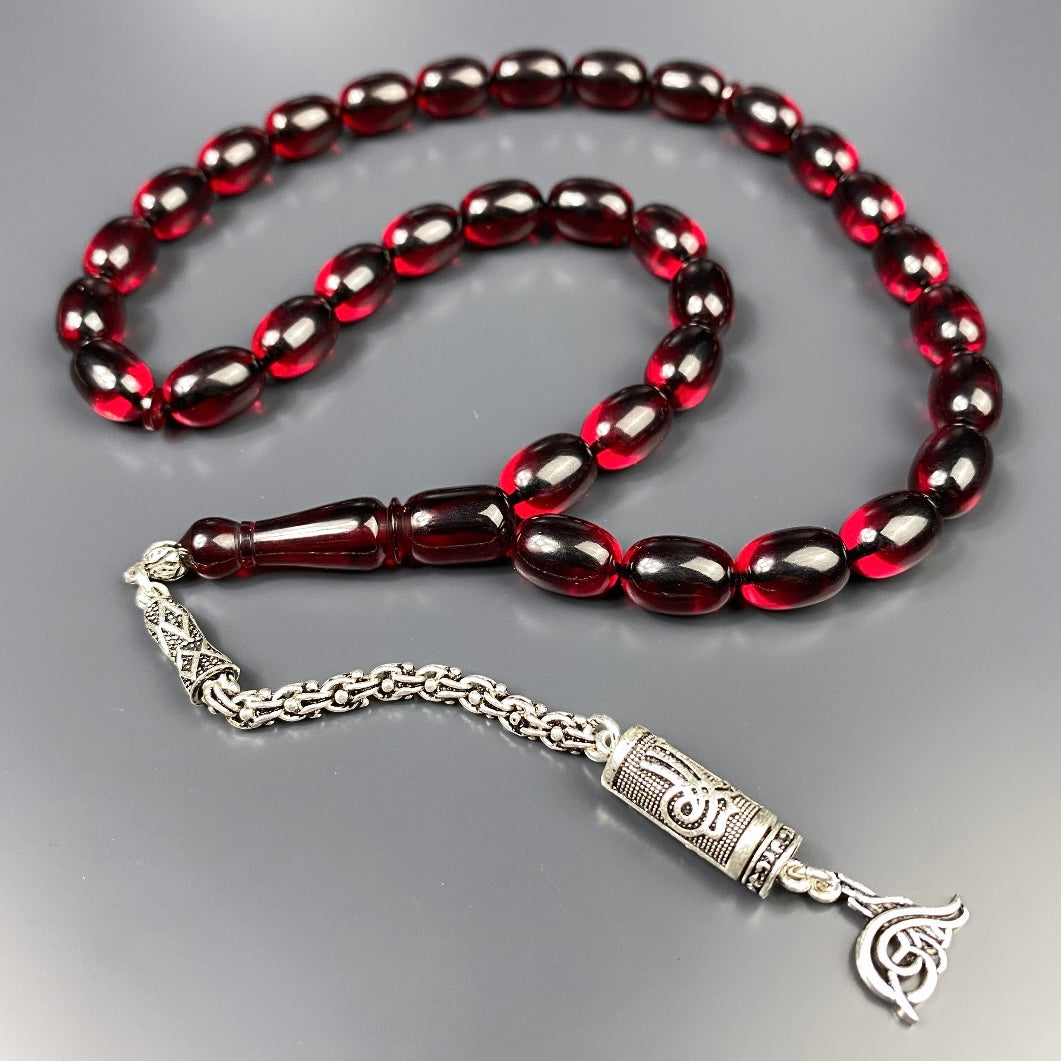 Tesbih SIKMA Kehribar Dark Red Laser Gravur Tugra Logo Püskül Silber 925