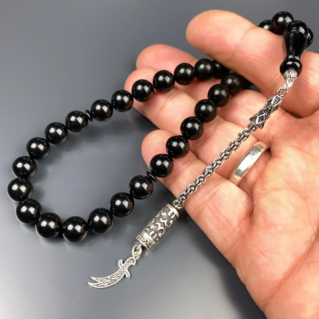 Tesbih SIKMA Kehribar Black Laser Gravur Kilic Logo Püskül Silber 925