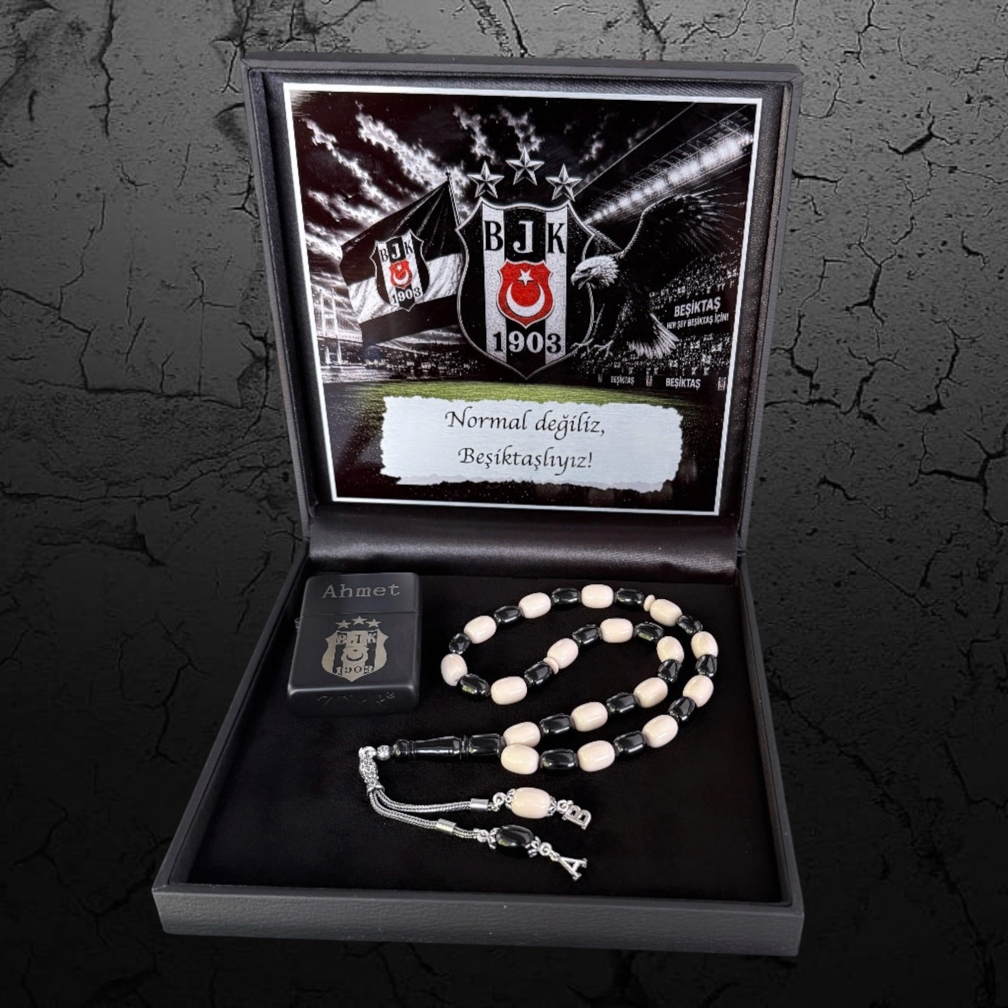 SIKMA KEHRIBAR Tesbih 925 Silber Taraftar Set BJK mit 2 Buchstaben und Feuerzeug